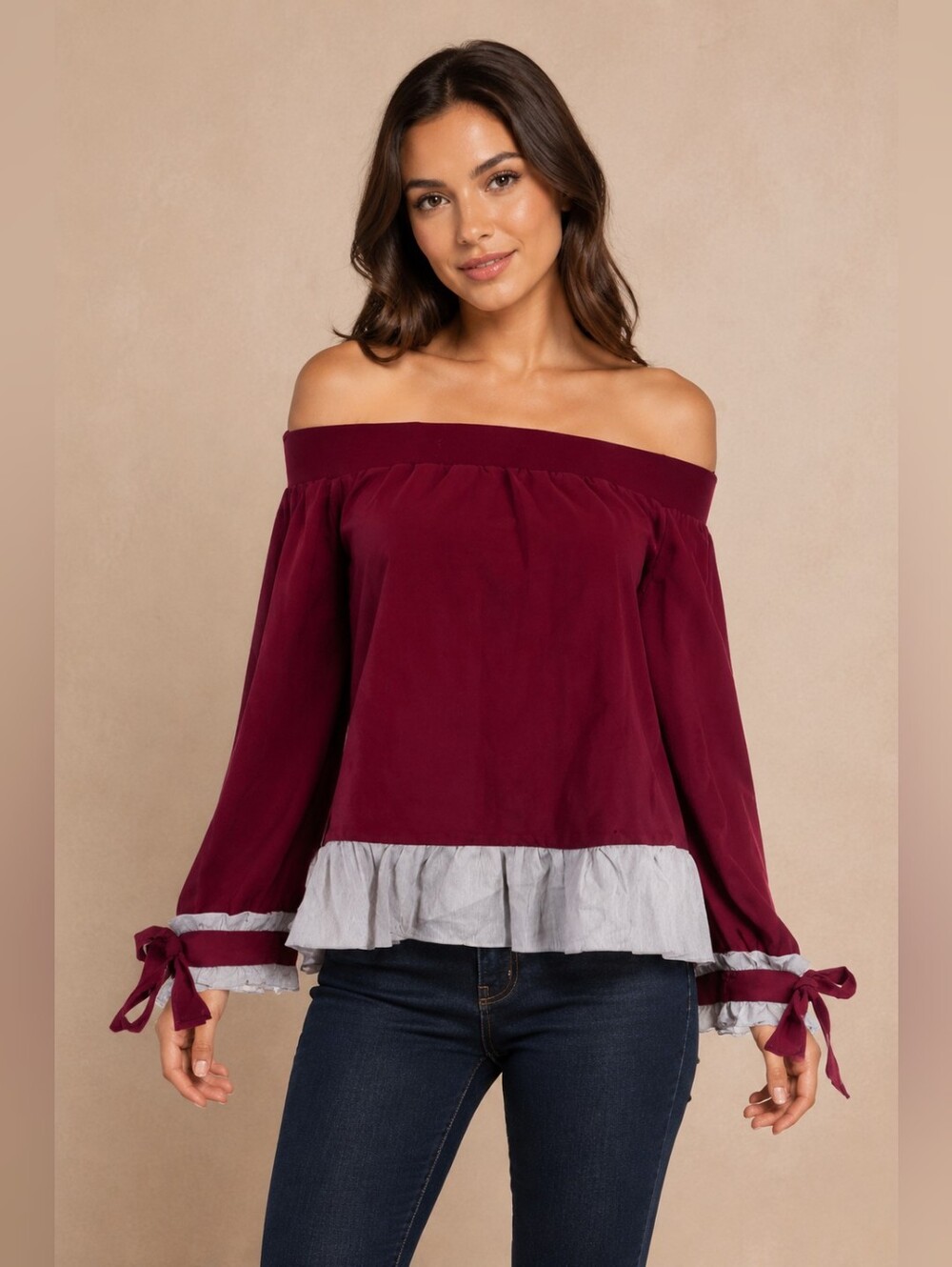 69. After Market Burgundy Off Shoulder Ruffle Trim Tie Sleeve Blouse Size L NWT
